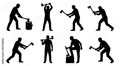 Lumberjack Silhouette Vector Set – Dynamic Axe Poses Depicting Woodcutting Action for Outdoor Adventure Graphics, Forestry Posters, and Rugged Lifestyle Design Projects