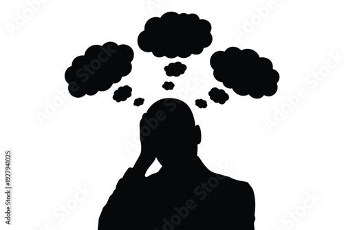 Silhouette of a head with multiple thought bubbles above it