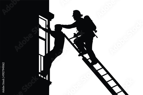 Silhouette of firefighters rescuing a person from a burning building