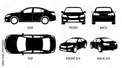 Car View Silhouette Vector Set – Front, Side, Back, Top, and 3/4 Angles for Automotive Graphics, Vehicle Posters, and Transportation Design Projects