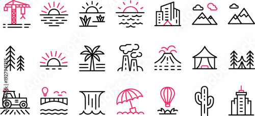 Set of versatile line icons including user interface, climate control, and nature landscape design elements.