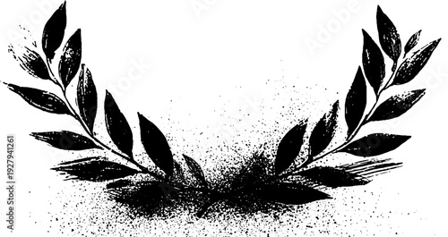 Sun and laurel wreath ink sketch - high contrast black and white design for decorative use