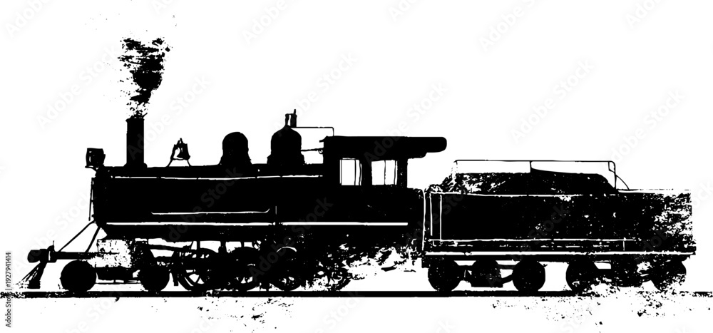 Obraz premium Vintage steam engine silhouette illustration in high contrast black and white - retro ink design for posters and cards