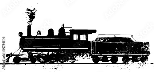 Vintage steam engine silhouette illustration in high contrast black and white - retro ink design for posters and cards