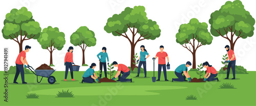 Tree planting volunteers vector illustration with people gardening, digging soil, watering plants and environmental conservation