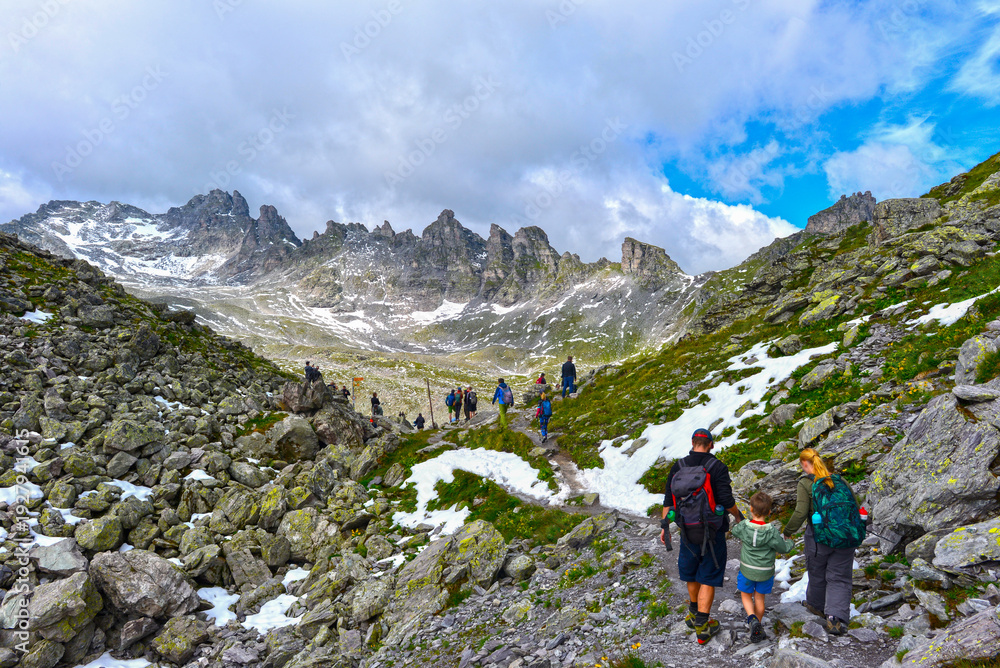 Fototapeta premium Wanderweg von der Pizolhütte zum Wildsee (5-Seen-Wanderroute) im Pizolmassiv, Kanton St. Gallen, Schweiz