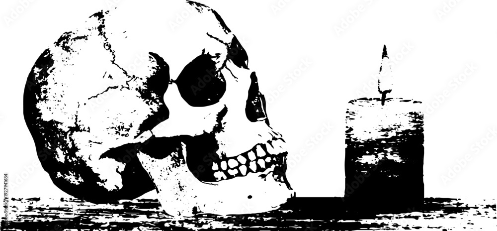 Obraz premium Skull and candle in high contrast black and white ink art for gothic decor and design