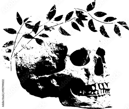 Skull in wreath high contrast black and white ink art - gothic design for poster or card