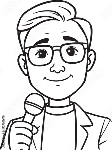 Man with Microphone Portrait Hand-drawn Sketch Drawing Vector Illustration, Line Linear Symbol Black and White Engraving, Isolated