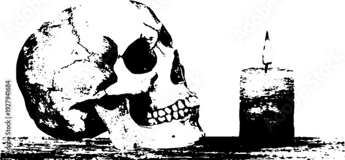 Skull and candle in high contrast black and white ink art for gothic decor and design