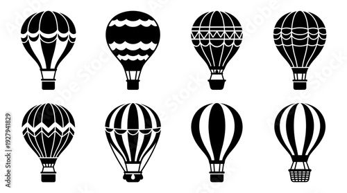 Hot Air Balloon Silhouette Vector Set – Decorative Flight Icons Featuring Unique Patterns and Shapes for Travel Graphics, Adventure Posters, and Sky-Themed Design Projects