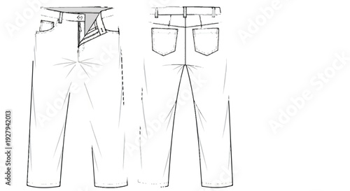 Technical fashion sketch of pants with open zipper, front and back views isolated PNG with Transparent Background
