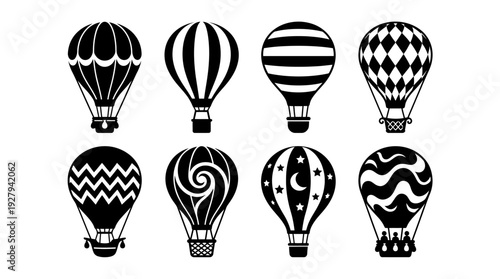 Hot Air Balloon Silhouette Vector Set – Decorative Flight Icons Featuring Unique Patterns and Shapes for Travel Graphics, Adventure Posters, and Sky-Themed Design Projects