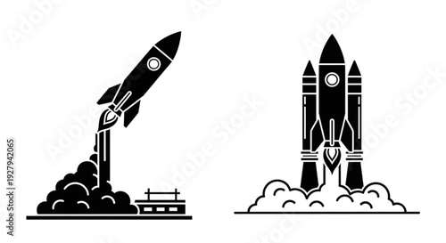 Black and white vector illustration of rockets launching into space with smoke and flames isolated on white background symbolizing technology and exploration