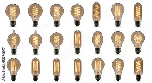 Collection of 20 assorted vintage style light bulbs with glowing filaments against a white background varying in shape and size with warm golden lighting