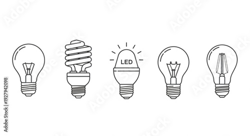Various light bulb designs including incandescent spiral led and filament types in simple black line art on white background symbolizing innovation and energy efficiency
