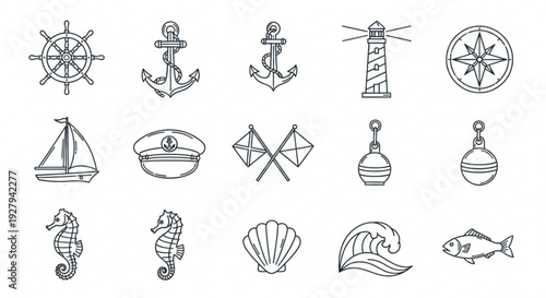 Collection of nautical line art icons including anchors lighthouses ships and marine life on white background perfect for coastal designs