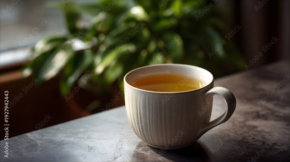 Fototapeta premium A textured ceramic mug of warm amber tea sits on a dark surface bathed in soft light with a blurred green plant behind