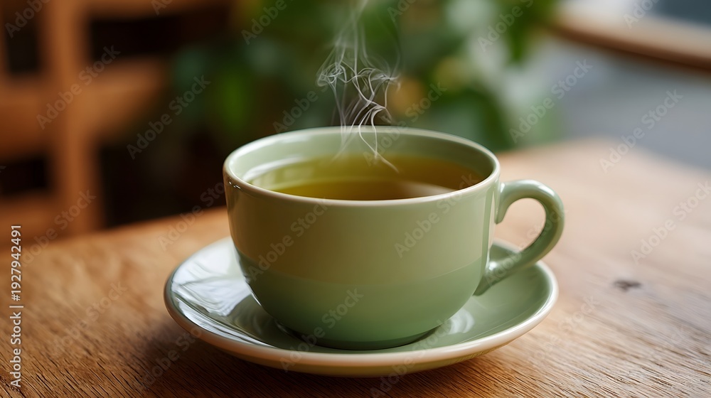 Obraz premium A vibrant green cup filled with hot steaming green tea rests on a rustic wooden table set against a softly blurred natural background