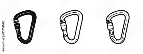 Carabiner Icon Set: Black and White Doodle Illustrations of Climbing and Safety Hooks