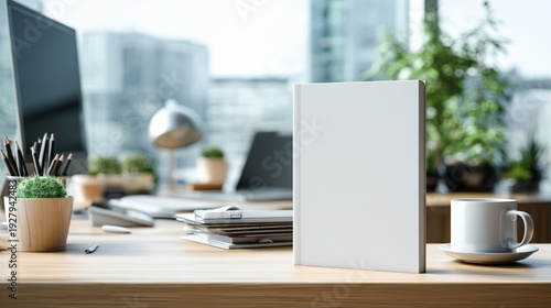 Modern office desk with book mockup and coffee cup on wooden table