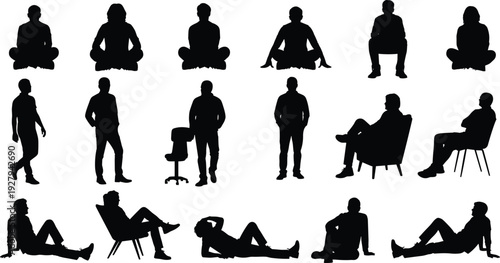 Set of diverse people silhouettes in various relaxed poses sitting in chairs lying down and standing representing leisure time comfort wellness and social community concept