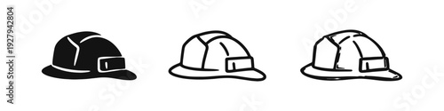 Firefighter Helmet Icon Set: Black and White Doodle Illustrations of Safety Headgear