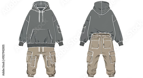 Vector Fashion Flats of Streetwear Hoodie and Cargo Pants. Front and Back Views. isolated PNG with Transparent Background