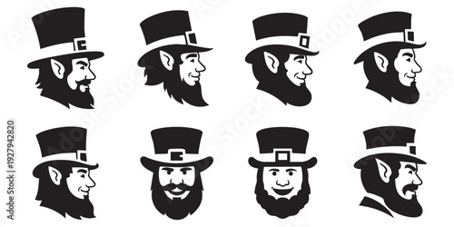 Leprechaun head and face black and white icon collection. Includes various profiles and frontal views of bearded leprechauns wearing top hats. Created in flat silhouette style with black and