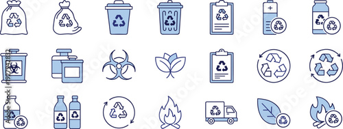 Recycling waste management icon set, eco recycle line icons, environment sustainability symbols, flat vector illustration, minimal outline collection