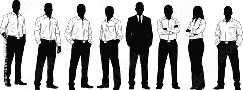 Set of silhouetted business people in formal office attire standing in a row for corporate teamwork leadership recruitment professional career development and success concept