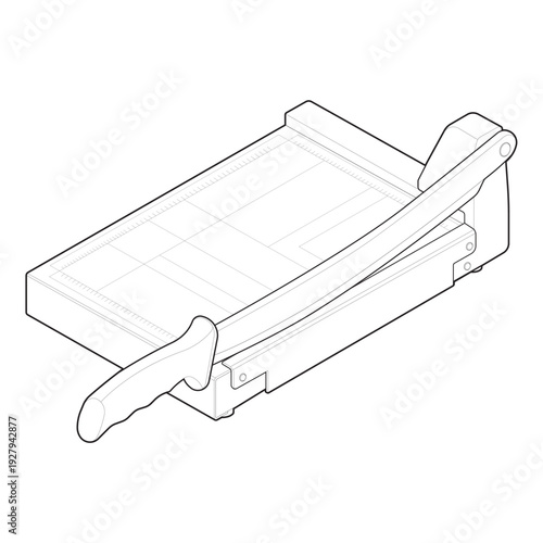 Isometric guillotine paper trimmer mechanical blueprint with safety guard.