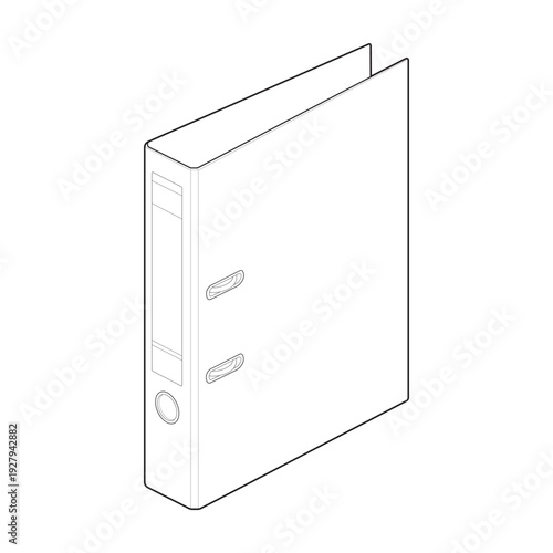 Isometric upright lever arch file mechanical blueprint with D-ring detail.
