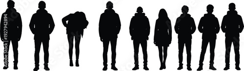 Set of professional business people silhouettes standing in rows wearing formal office attire for corporate teamwork leadership recruitment success and human resources management concept