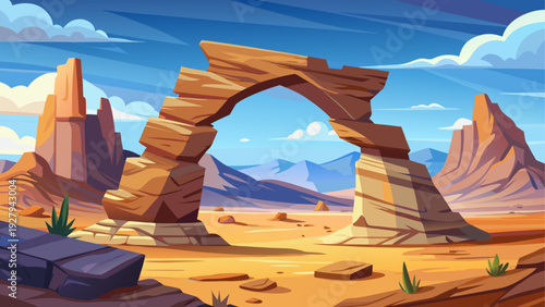 A natural rocky arch formation standing over flat desert ground open sky background clean minimal vector illustration flat design uncluttered composition
