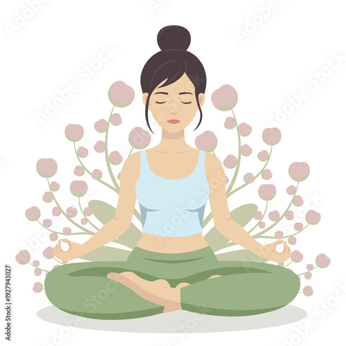 Woman meditating in lotus pose with eucalyptus branches background
