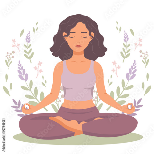 Woman practicing meditation in lotus pose with lavender flowers background
