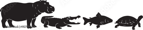 Set of four river wildlife silhouettes including hippo, crocodile, fish and turtle, isolated on white background