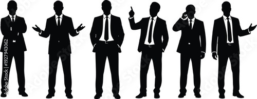 Set of silhouetted businessmen in formal suits in various expressive poses and gestures representing corporate communication presentation leadership teamwork networking and professional success c