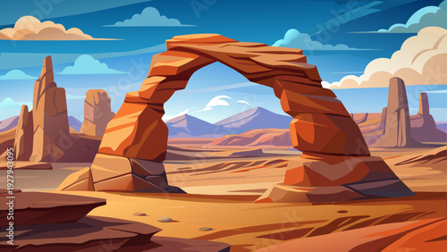 A natural rocky arch formation standing over flat desert ground open sky background clean minimal vector illustration flat design uncluttered composition