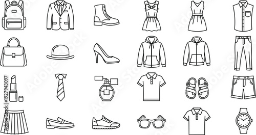 Minimal Fashion Accessories and Clothing Line Icons Set Featuring Shoes Bags Dresses Watches and Apparel Outline Vector Collection