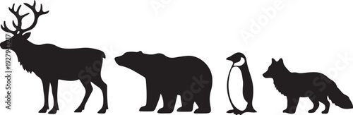 Set of four winter animal silhouettes including reindeer, polar bear, penguin and arctic fox, isolated on white background