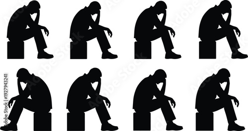 Set of silhouetted men sitting in a sad thinking pose representing depression mental health stress disappointment lonely feelings bankruptcy failure and deep psychological reflection concept
