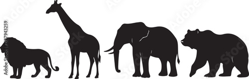Set of four zoo animal silhouettes including lion, giraffe, elephant and bear, isolated on white background