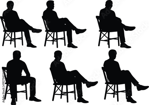 Set of silhouetted men sitting on chairs with legs crossed representing waiting room audience business meeting seminar participation and casual relaxation for corporate concept