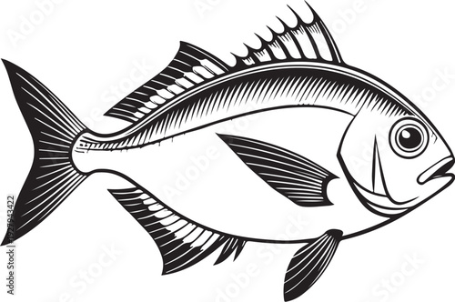 Sea Bream Fish Hand-drawn Sketch Drawing Vector Illustration, Line Linear Symbol Black and White Engraving, Isolated