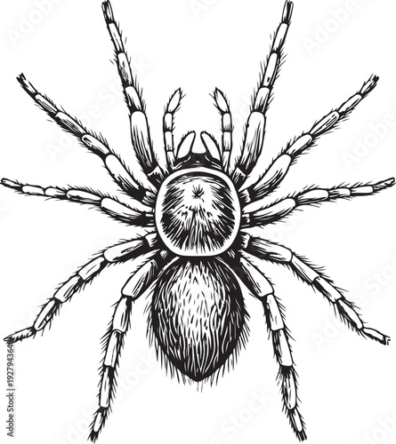 Spider tarantula Hand-drawn Sketch Drawing Vector Illustration, Line Linear Symbol Black and White Engraving, Isolated