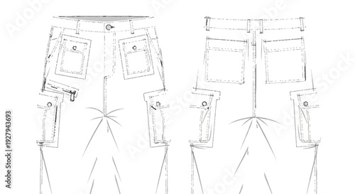 Hand Drawn Fashion Technical Sketch of Cargo Pants Front and Back View isolated PNG with Transparent Background