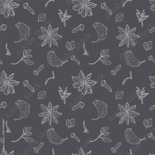 Garlic clove, star anise, dry cloves, oregano. Monochrome botanical seamless pattern drawing of fragrant herbs and spices. Graphic ink vector. Good for decoration of cooking, menu, decor, stickers