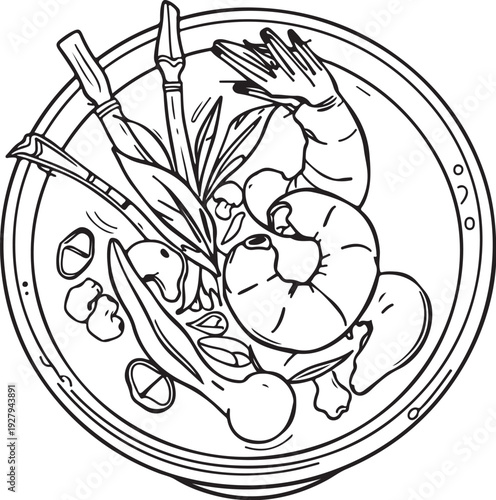Tom Yum Goong Thai Soup Hand-drawn Sketch Drawing Vector Illustration, Line Linear Symbol Black and White Engraving, Isolated